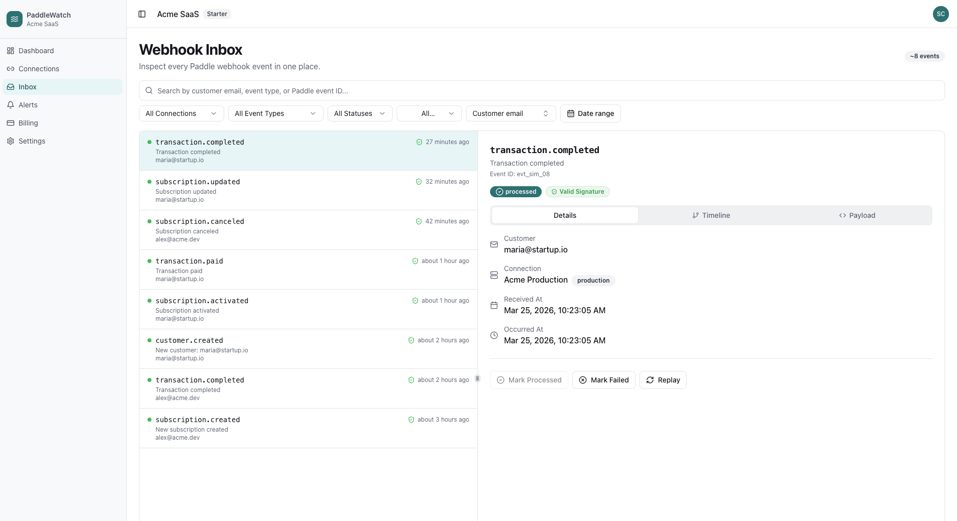 PaddleWatch inbox showing live Paddle webhook events with parsed summaries