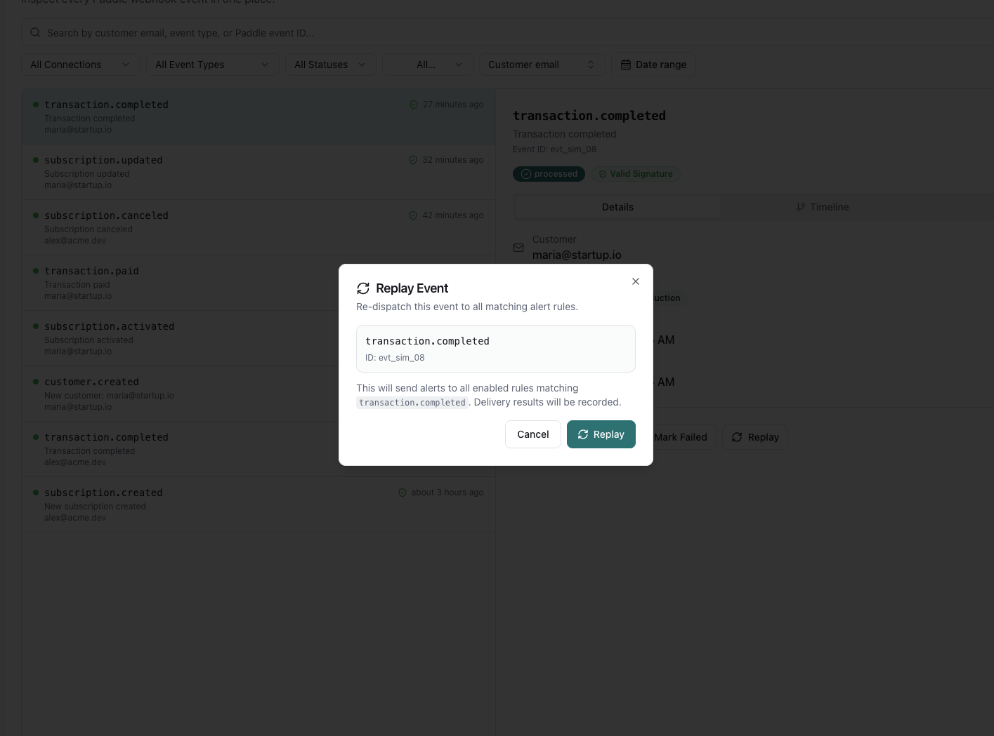 PaddleWatch replay dialog showing matched rules and delivery results